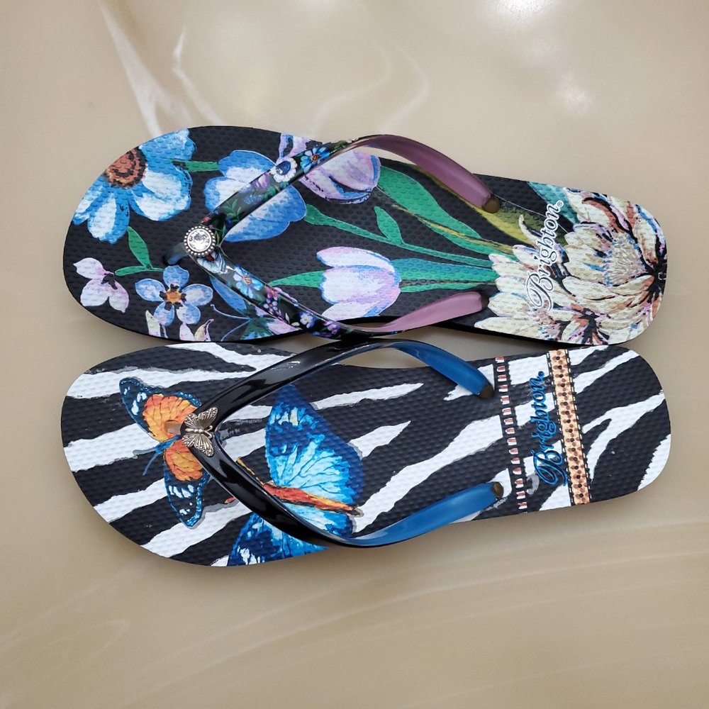Brighton Black Floral Noir Jardin Mismatched  Flip Flops - Size 10 - Picture 9 of 12